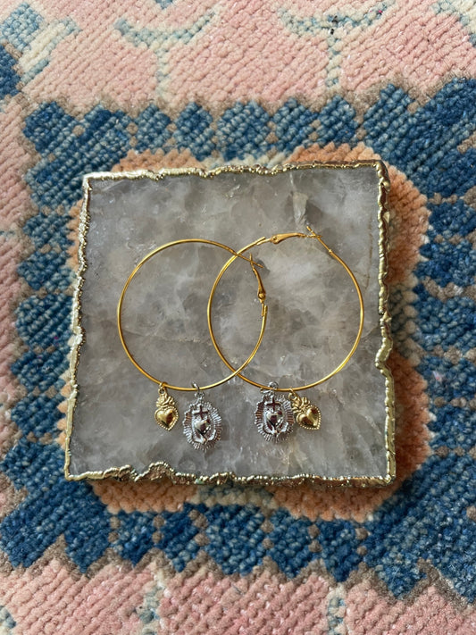 Gold and silver charm hoop earrings